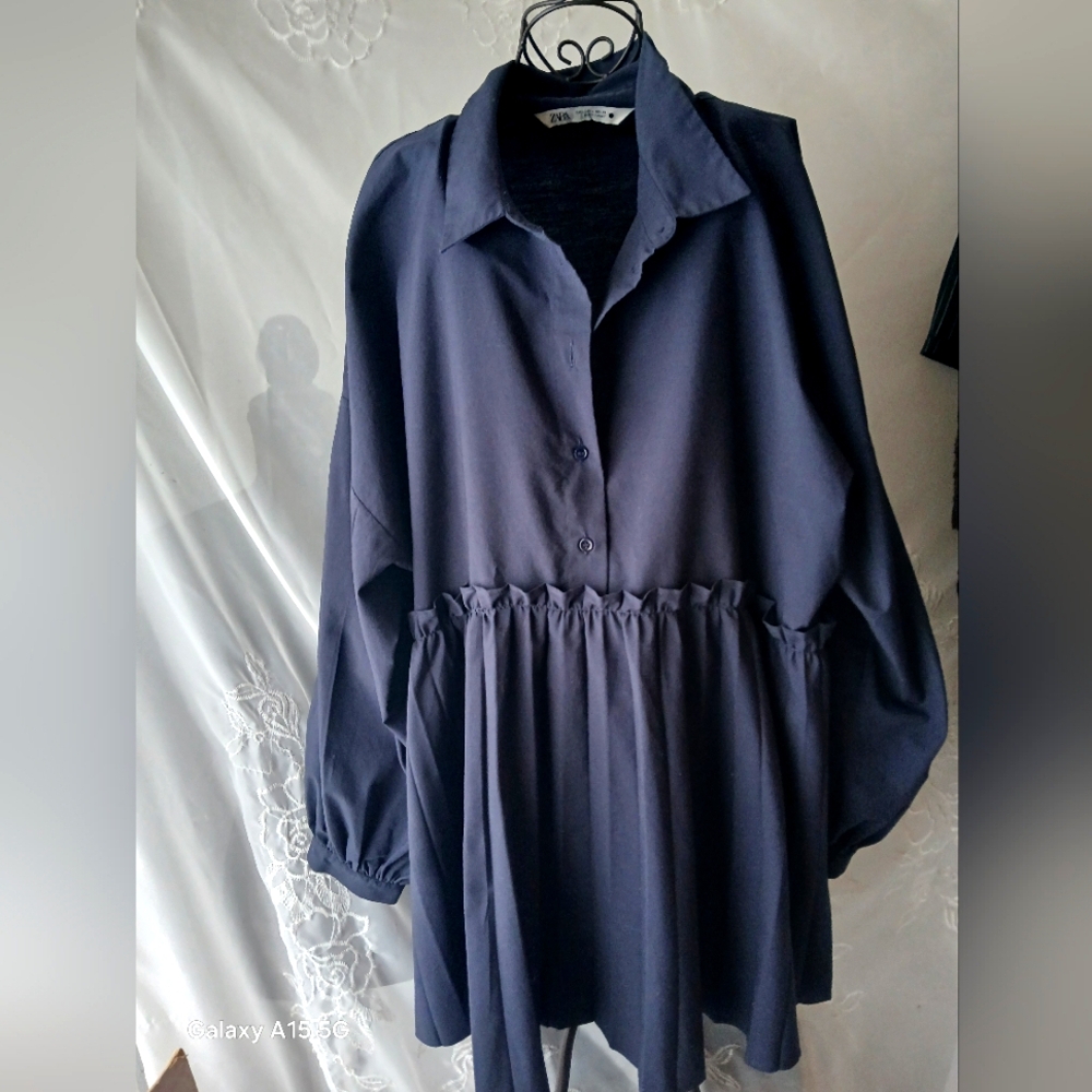 ZARA.. NAVY BLUE ..SHORT..COTTON CASUAL PLEATED SKIRT RUFFLED BODICE TOP/DRESS
